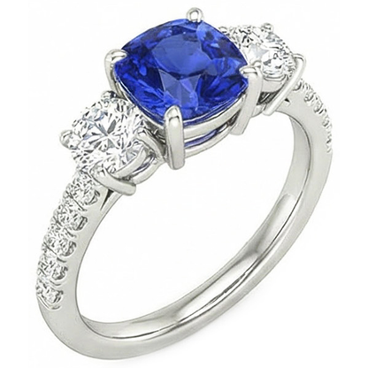 Blue Sapphire & Round Natural Earth Mined Diamond Ring 3.50 Carats 3 Stone Style Jewelry