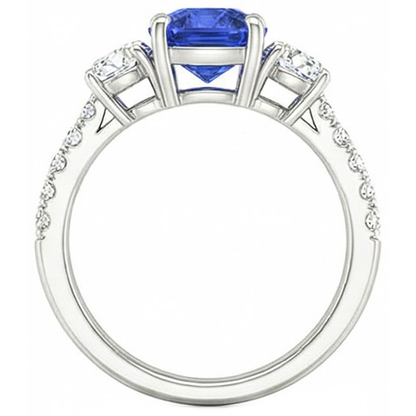 Blue Sapphire & Round Natural Earth Mined Diamond Ring 3.50 Carats 3 Stone Style Jewelry