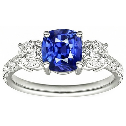 Blue Sapphire & Round Natural Earth Mined Diamond Ring 3.50 Carats 3 Stone Style Jewelry