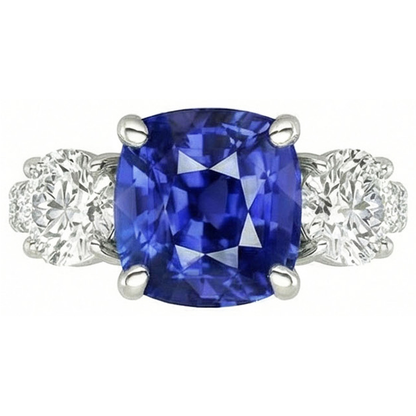 Blue Sapphire & Round Natural Earth Mined Diamond Ring 3.50 Carats 3 Stone Style Jewelry