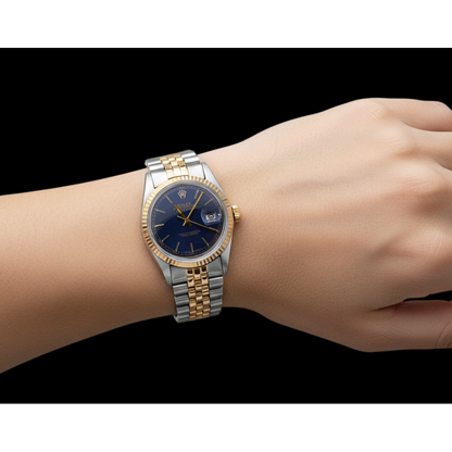 Blue Stick Dial Fluted Bezel Rolex Datejust Gent Watch Two Tone QUICK SET
