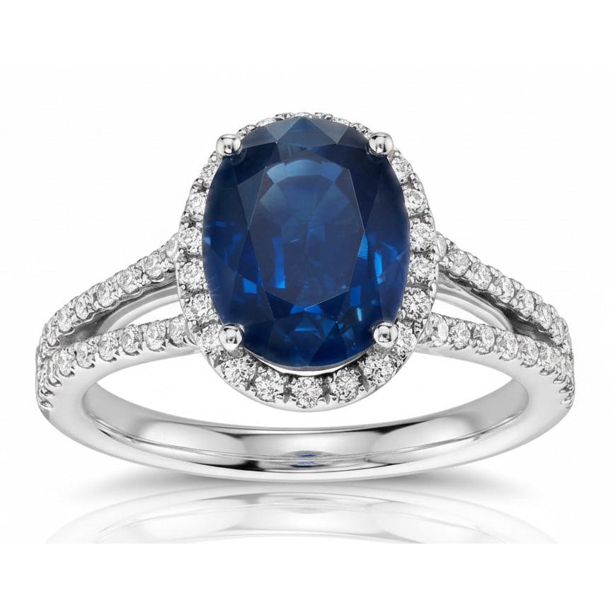 Blue Oval Kashmir Sapphire And Natural Earth Mined Diamond Ring White Gold 14K