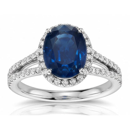 Blue Oval Kashmir Sapphire And Natural Earth Mined Diamond Ring White Gold 14K
