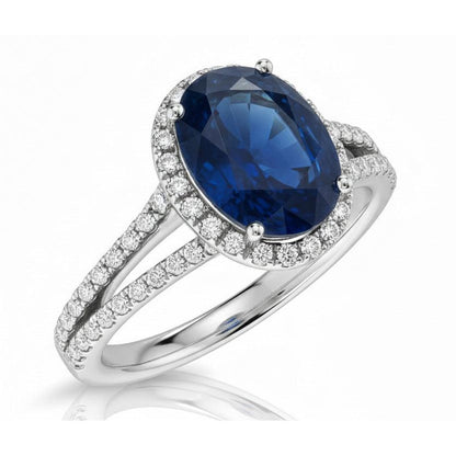 Blue Oval Kashmir Sapphire And Natural Earth Mined Diamond Ring White Gold 14K