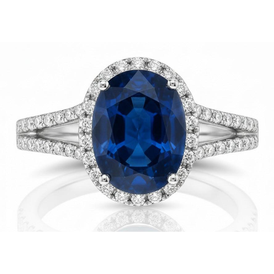 Blue Oval Kashmir Sapphire And Natural Earth Mined Diamond Ring White Gold 14K