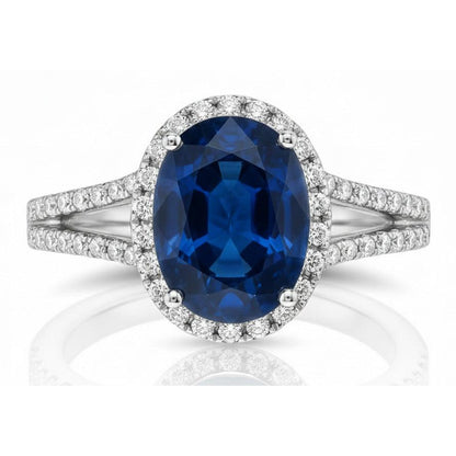 Blue Oval Kashmir Sapphire And Natural Earth Mined Diamond Ring White Gold 14K