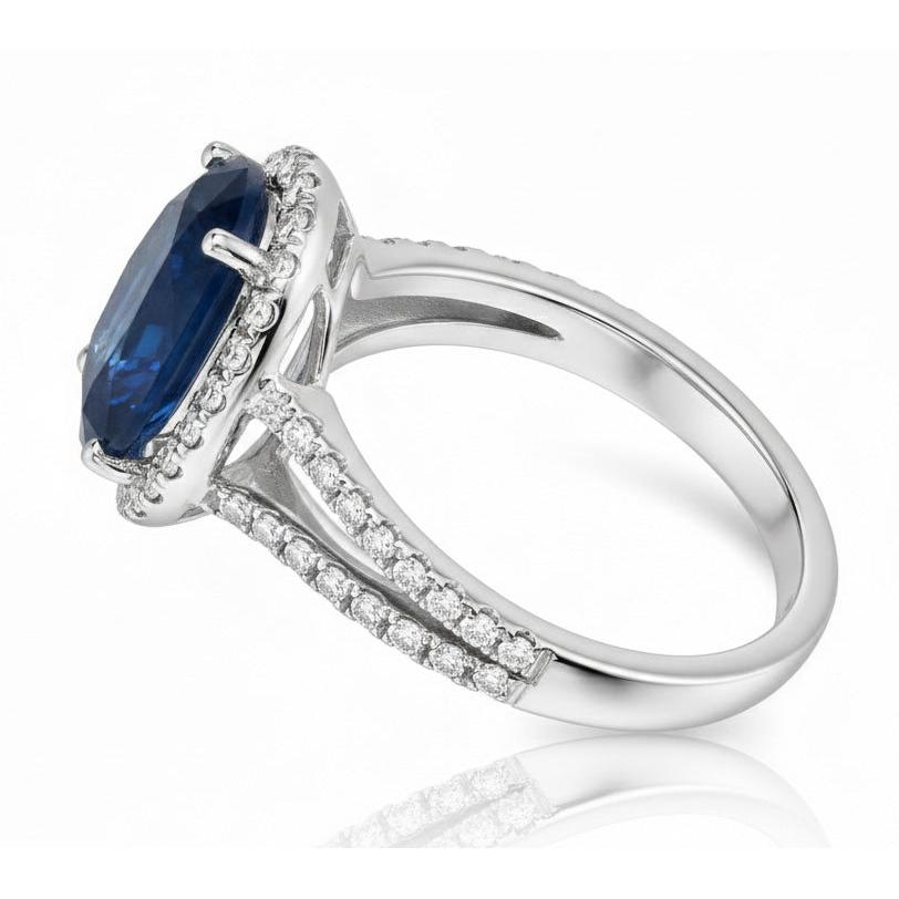 Blue Oval Kashmir Sapphire And Natural Earth Mined Diamond Ring White Gold 14K