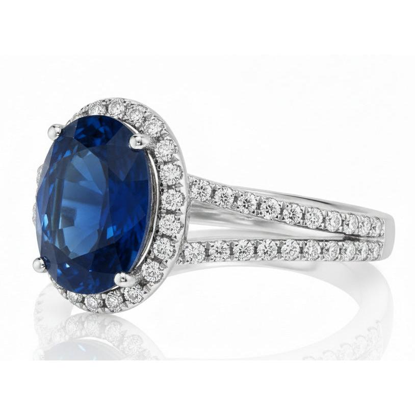 Blue Oval Kashmir Sapphire And Natural Earth Mined Diamond Ring White Gold 14K