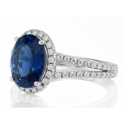 Blue Oval Kashmir Sapphire And Natural Earth Mined Diamond Ring White Gold 14K