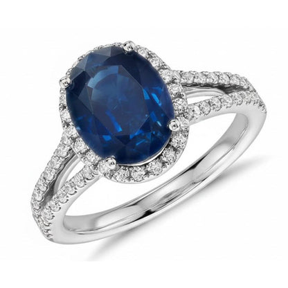 Blue Oval Kashmir Sapphire And Natural Earth Mined Diamond Ring White Gold 14K