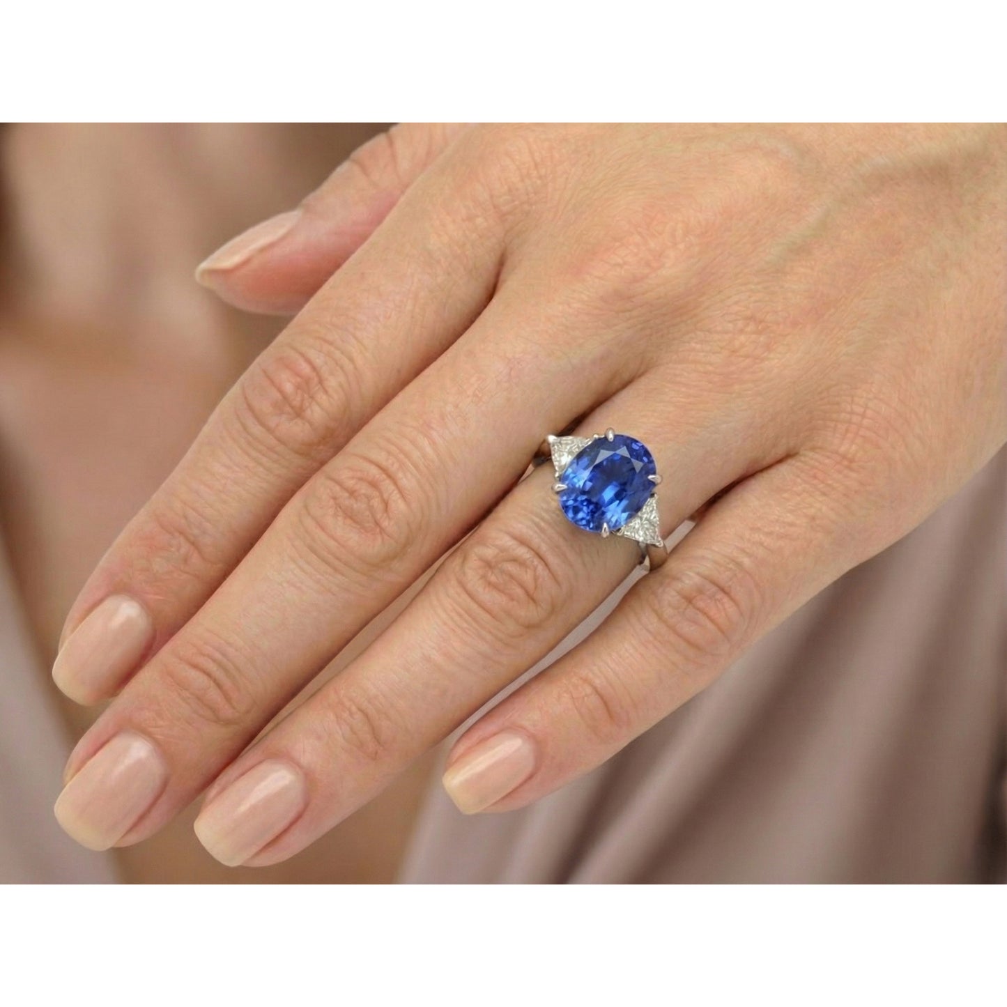 Blue Sapphire Three Stone Ring Oval & Trillion Natural Earth Mined Diamonds 4.50 Carats