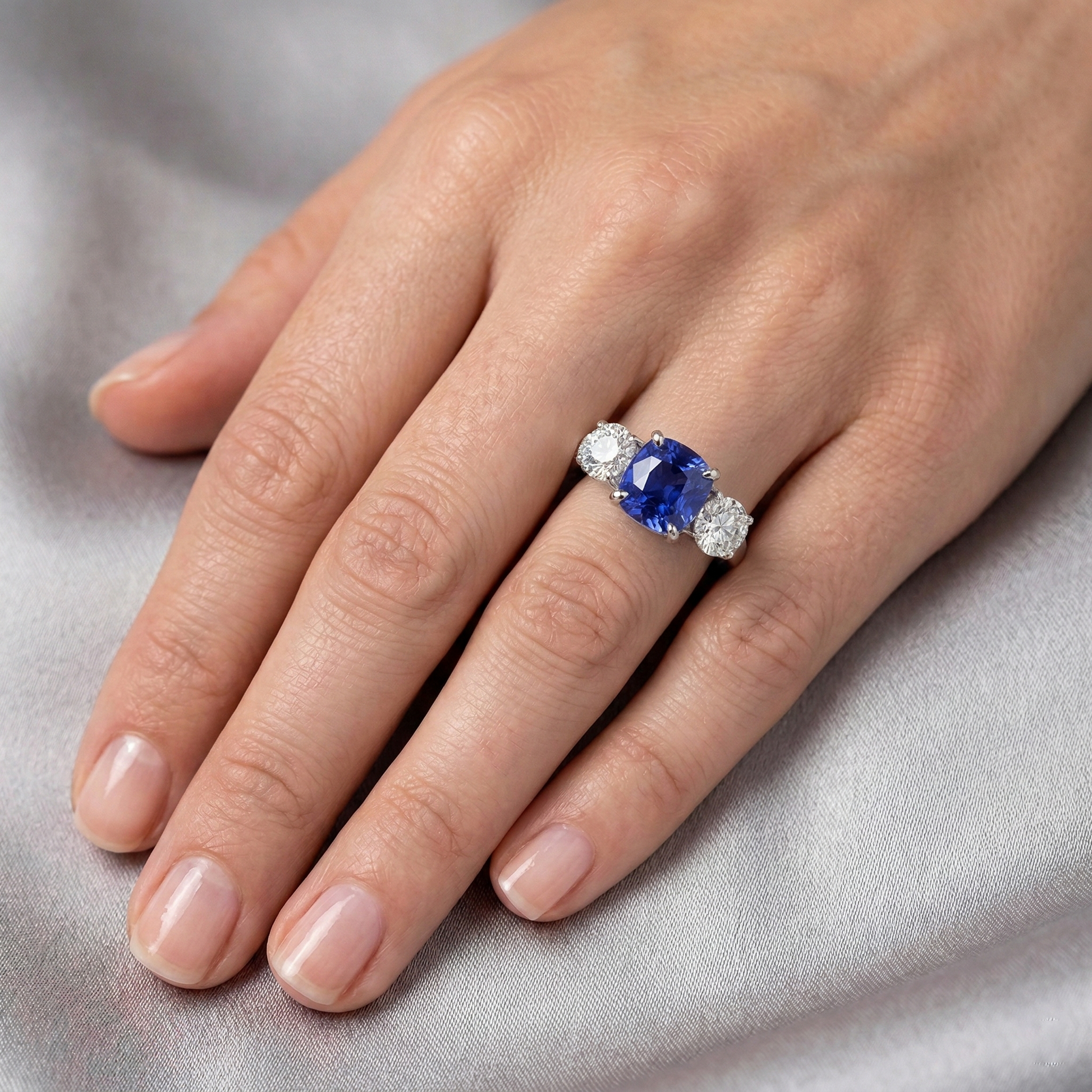 natural round sapphire 3.50ct ring on white background