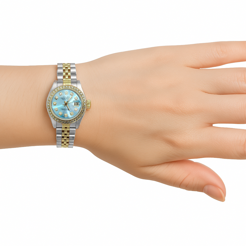 Blue Diamond Dial Bezel Rolex Ladies Watch Date Just Ss & Gold