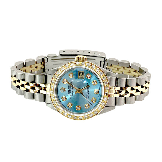 Blue Diamond Dial Bezel Rolex Ladies Watch Date Just Ss & Gold
