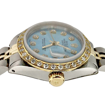 Blue Diamond Dial Bezel Rolex Ladies Watch Date Just Ss & Gold