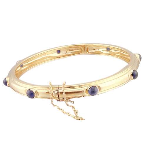 Blue Sapphire Cabochon Bangle Yellow Gold 14K Jewelry