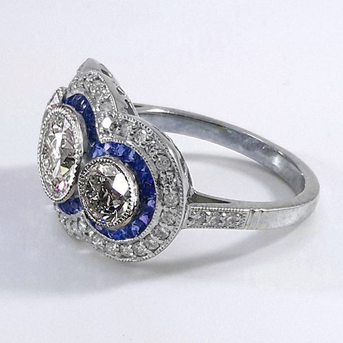 Blue Sapphire Old Cut Round Natural Earth Mined Diamond Ring 3 Stone Style 6 Carats