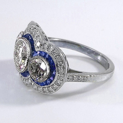 Blue Sapphire Old Cut Round Natural Earth Mined Diamond Ring 3 Stone Style 6 Carats
