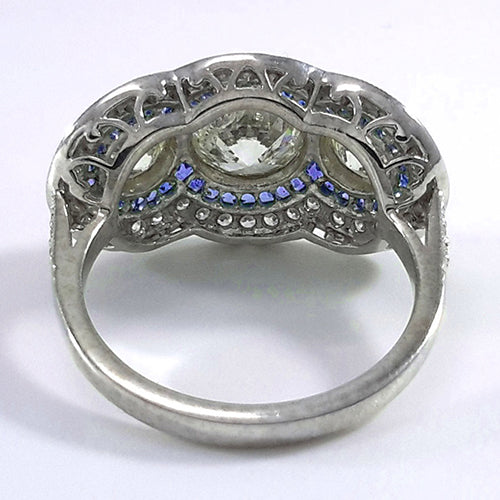 Blue Sapphire Old Cut Round Natural Earth Mined Diamond Ring 3 Stone Style 6 Carats