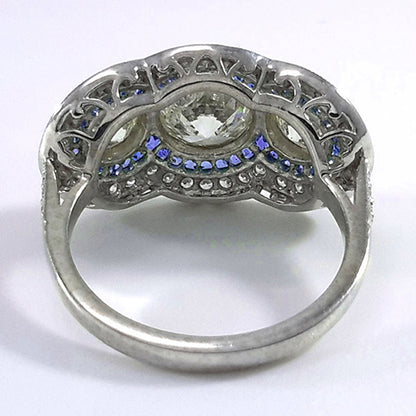 Blue Sapphire Old Cut Round Natural Earth Mined Diamond Ring 3 Stone Style 6 Carats