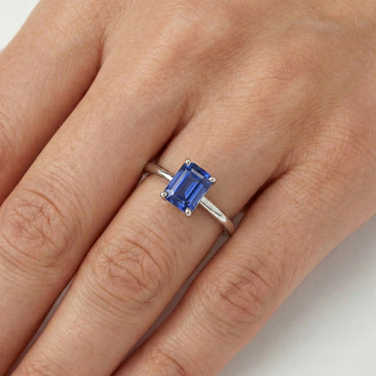 Natural Real ( Not Lab Grown )  Blue Sapphire Solitaire Ring Emerald Cut 1.50 Carats White Gold