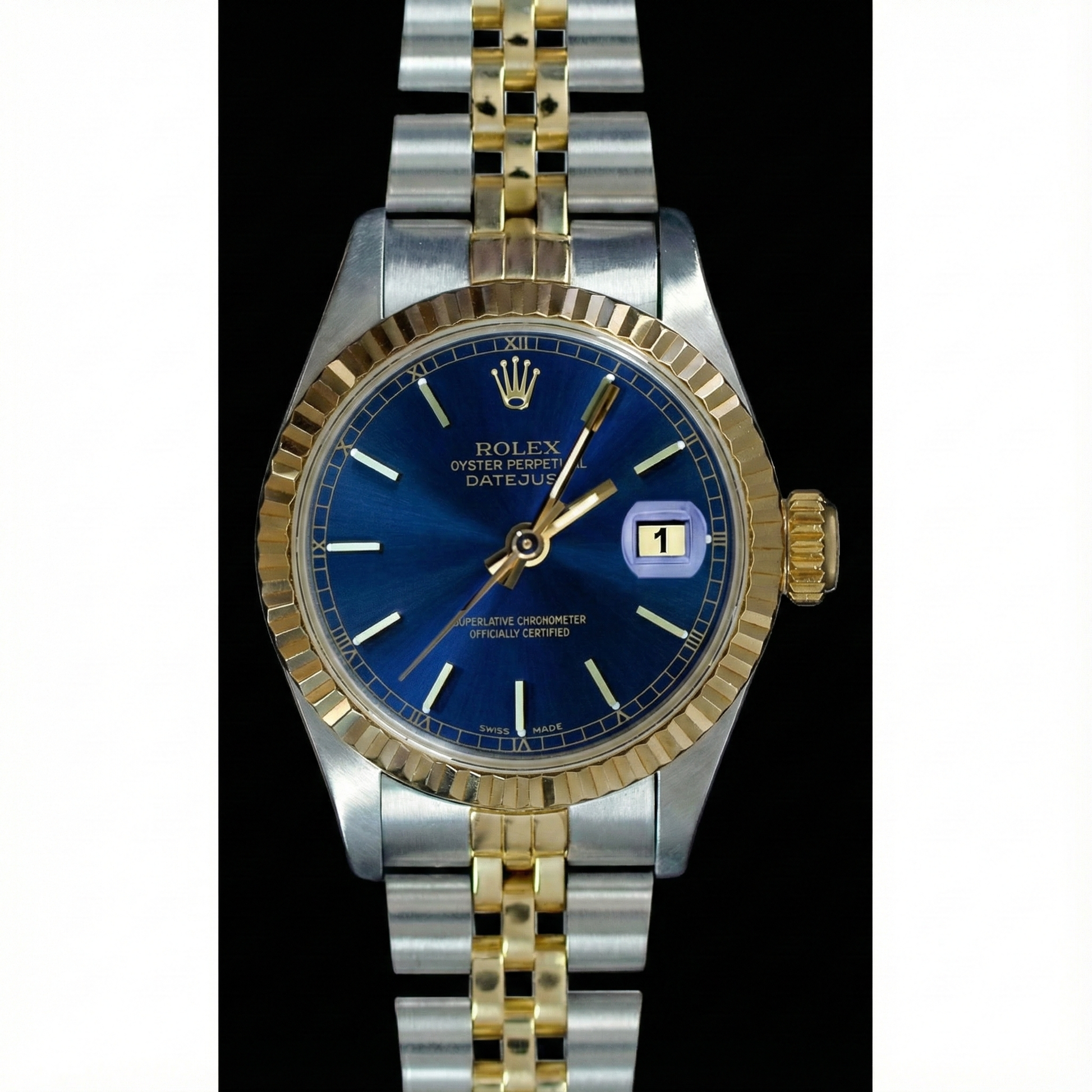 Blue Stick Dial Fluted Bezel Datejust Rolex Women Watch Ss & Gold