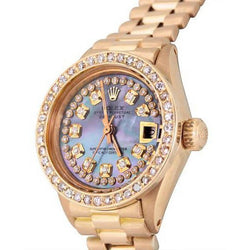 Bluish Gray Mop String Diamond Dial Ladies Yellow Gold Rolex Watch