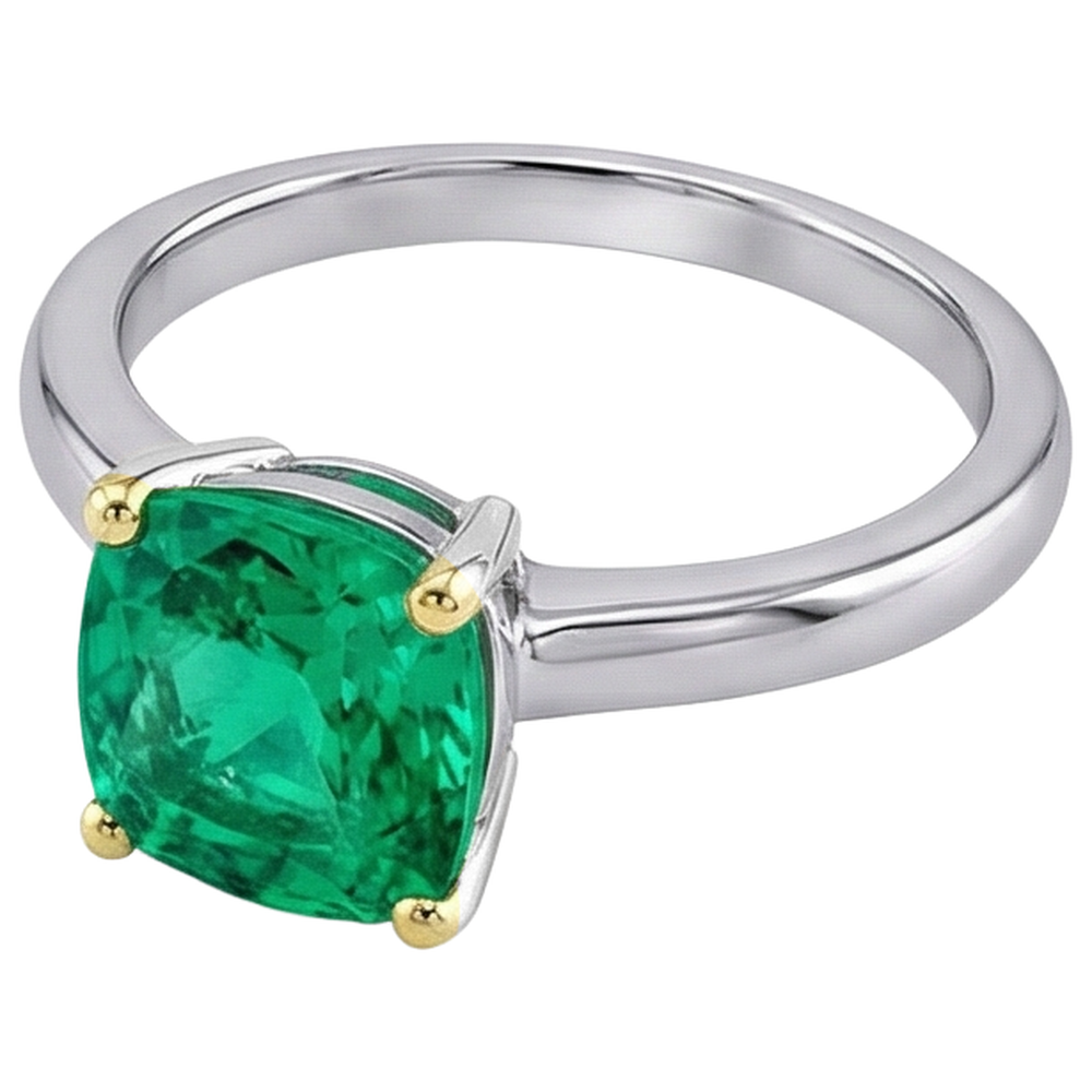 Natural Real ( Not Lab Grown ) Casual Solitaire Ring Green Emerald GIA Cushion Jewelry