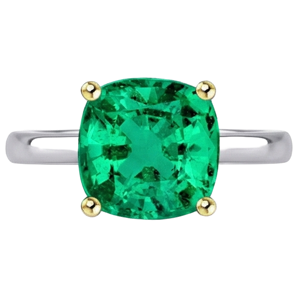 Natural Real ( Not Lab Grown ) Casual Solitaire Ring Green Emerald GIA Cushion Jewelry