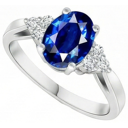 Cathedral Setting Oval Ceylon Sapphire & Natural Earth Mined Diamond Ring White Gold