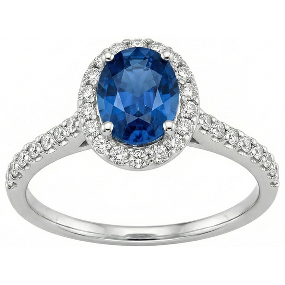 Ceylon Blue Sapphire Halo Natural Earth Mined Diamond Ring 14K White Gold Oval 2.15 Ct.