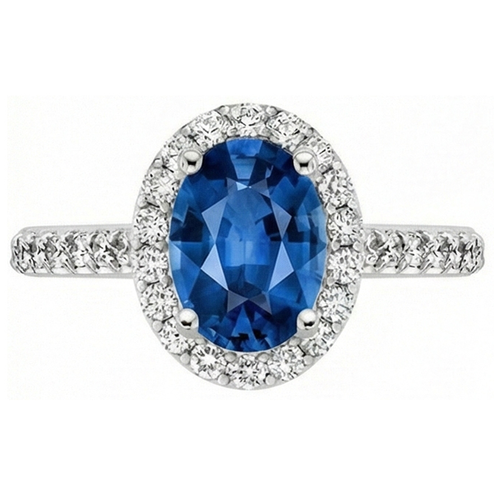 Ceylon Blue Sapphire Halo Natural Earth Mined Diamond Ring 14K White Gold Oval 2.15 Ct.