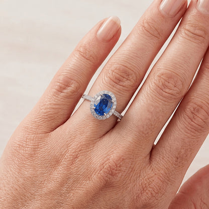 Ceylon Blue Sapphire Halo Natural Earth Mined Diamond Ring 14K White Gold Oval 2.15 Ct.