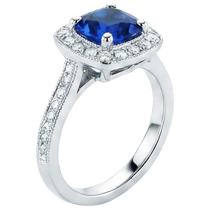 Ceylon Blue Sapphire Halo Natural Earth Mined Diamonds Ring 4 Ct 14K White Gold