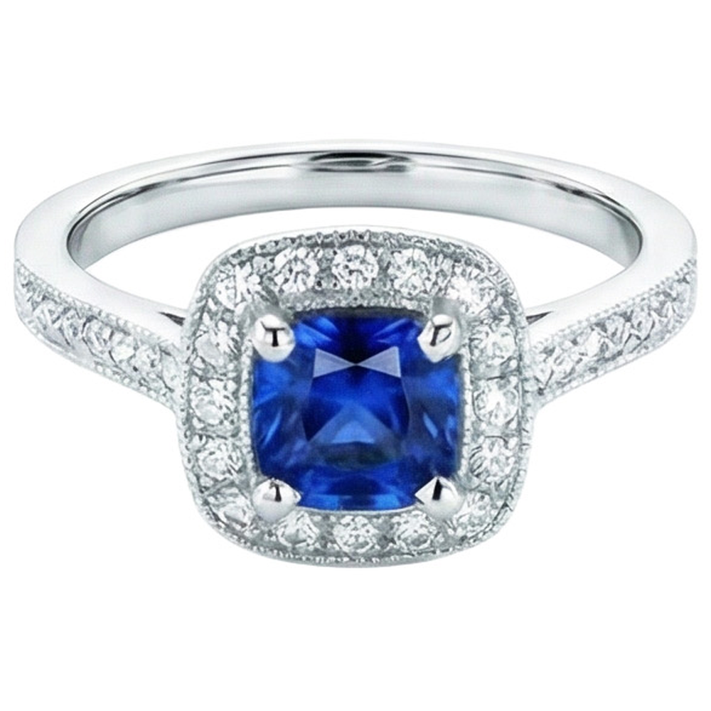 Ceylon Blue Sapphire Halo Natural Earth Mined Diamonds Ring 4 Ct 14K White Gold