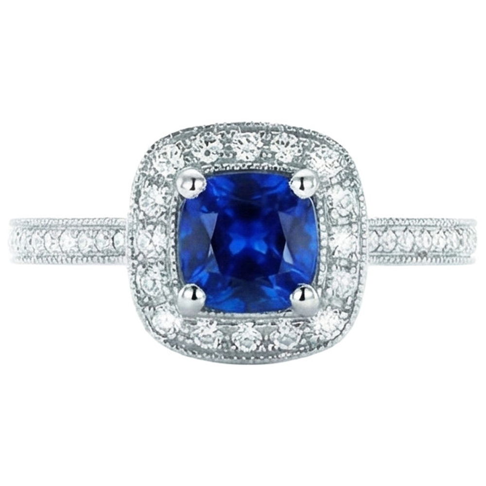 Ceylon Blue Sapphire Halo Natural Earth Mined Diamonds Ring 4 Ct 14K White Gold
