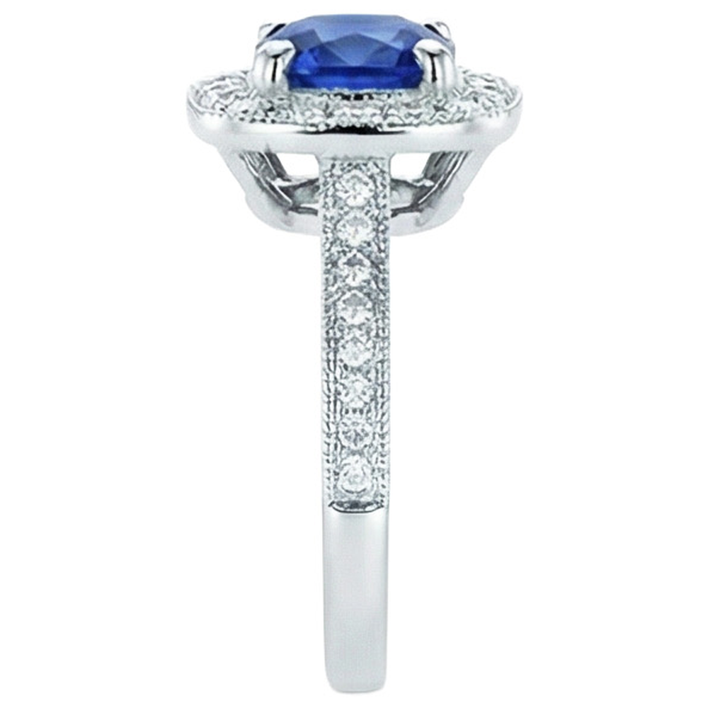 Ceylon Blue Sapphire Halo Natural Earth Mined Diamonds Ring 4 Ct 14K White Gold