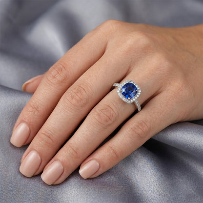 Ceylon Blue Sapphire Halo Natural Earth Mined Diamonds Ring 4 Ct 14K White Gold
