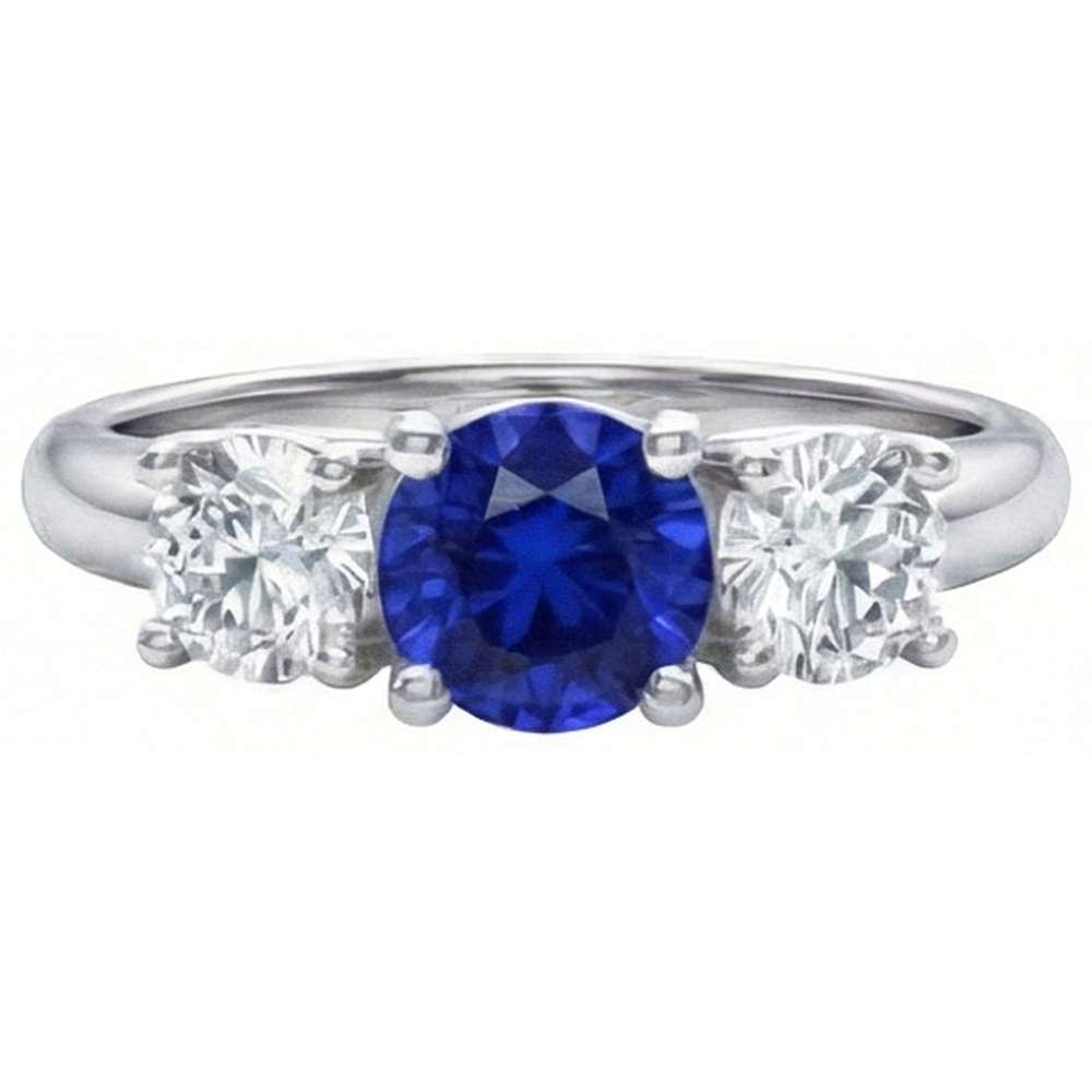 Ceylon Blue Sapphire Natural Earth Mined Diamond 3 Stone Ring White Gold 14K 3.5 Carats