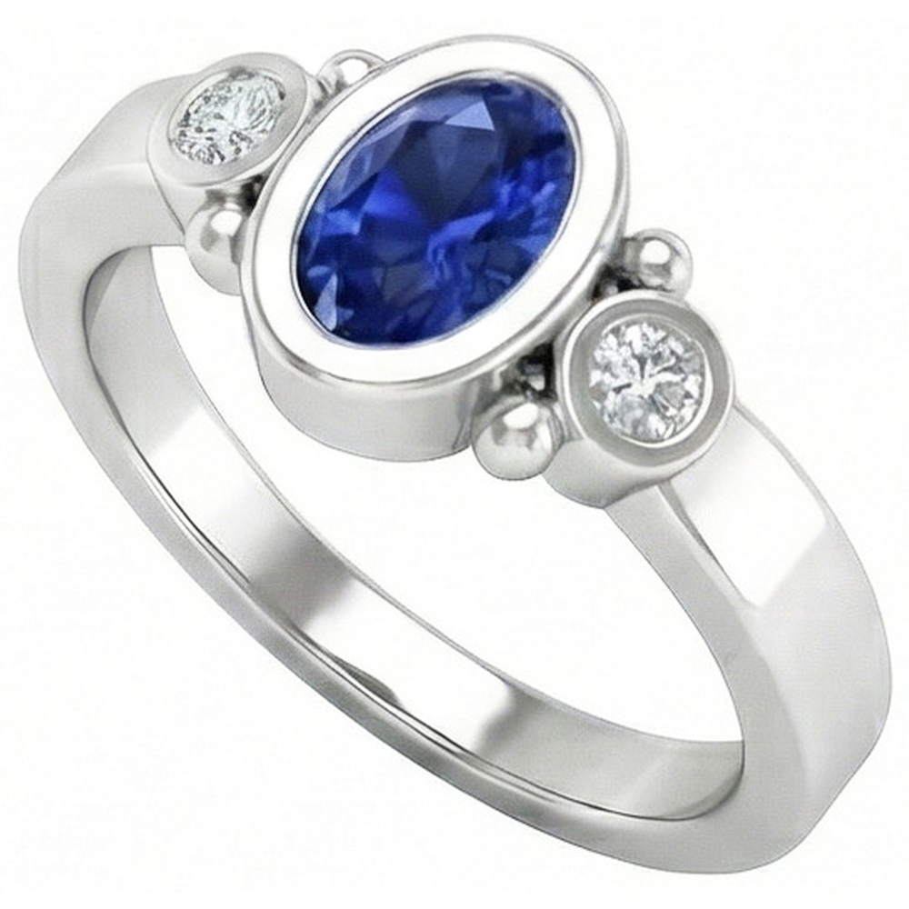 Ceylon Blue Sapphire Natural Earth Mined Diamond Ring Bezel Set 1.70 Carat White Gold 14K