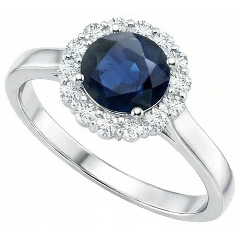 Ceylon Blue Sapphire Ring Round Natural Earth Mined Diamond 2.45 Carats White Gold 14K