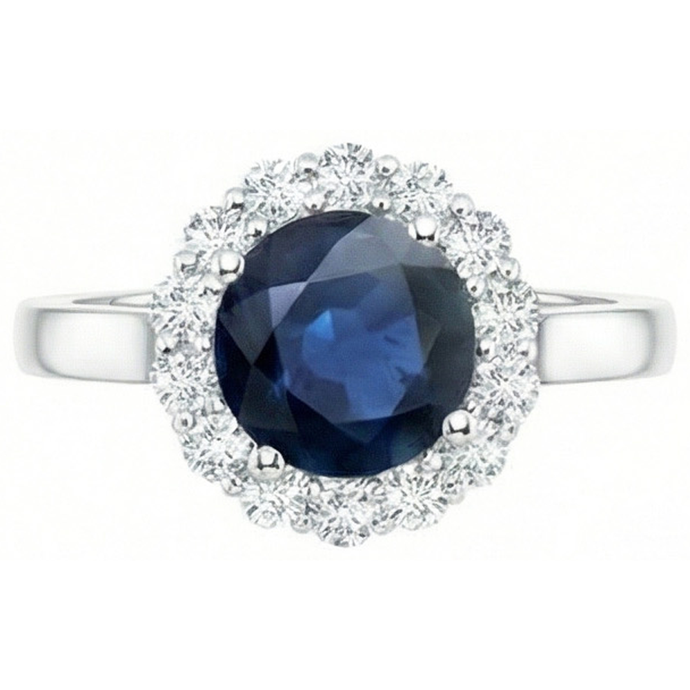 Ceylon Blue Sapphire Ring Round Natural Earth Mined Diamond 2.45 Carats White Gold 14K