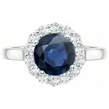 Ceylon Blue Sapphire Ring Round Natural Earth Mined Diamond 2.45 Carats White Gold 14K