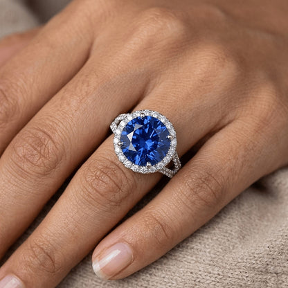 Ceylon Blue Sapphire Round Cut Natural Earth Mined Diamond Ring Gold Jewelry
