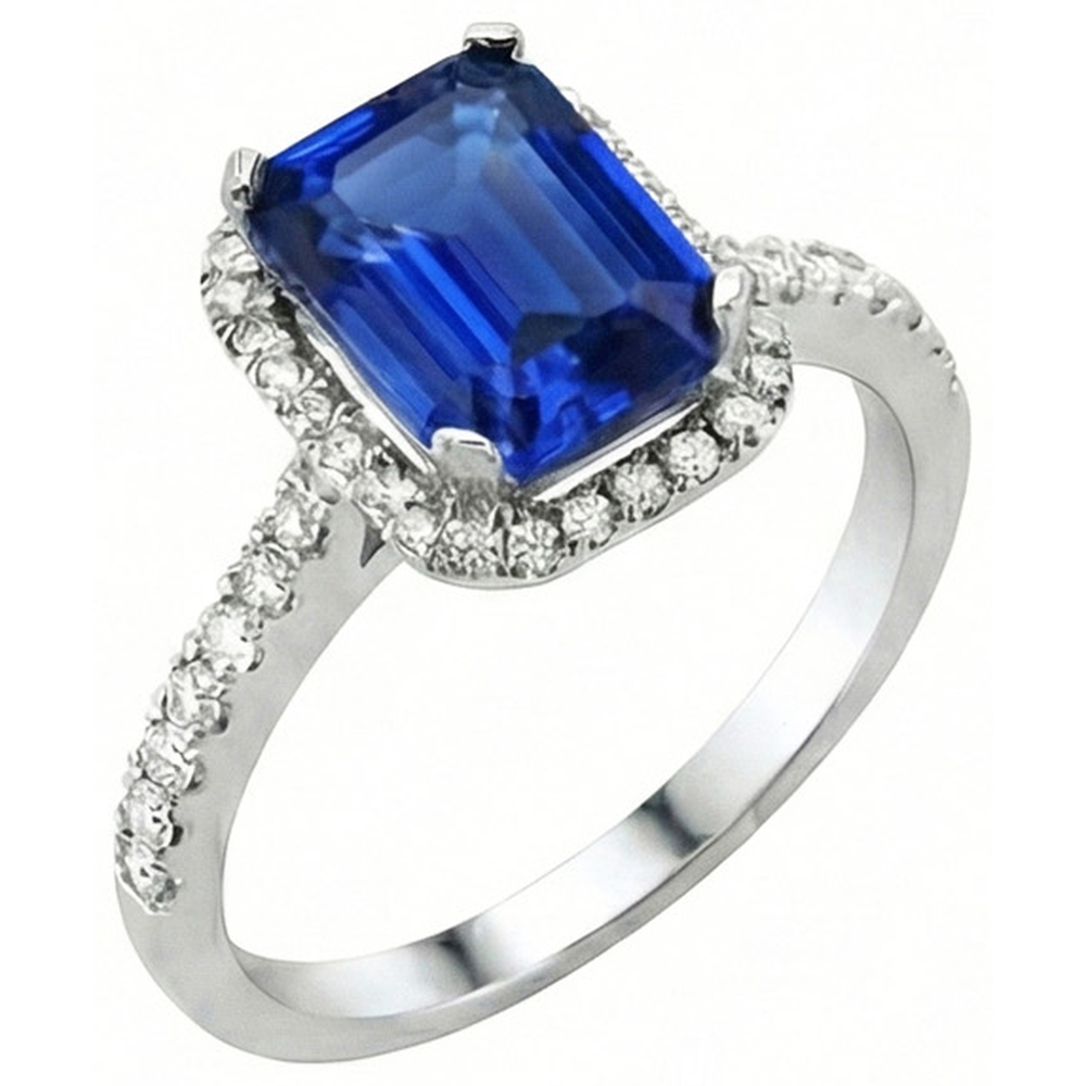 Ceylon Blue Sapphire With Natural Earth Mined Diamonds Ring 3.50 Ct White Gold 14K