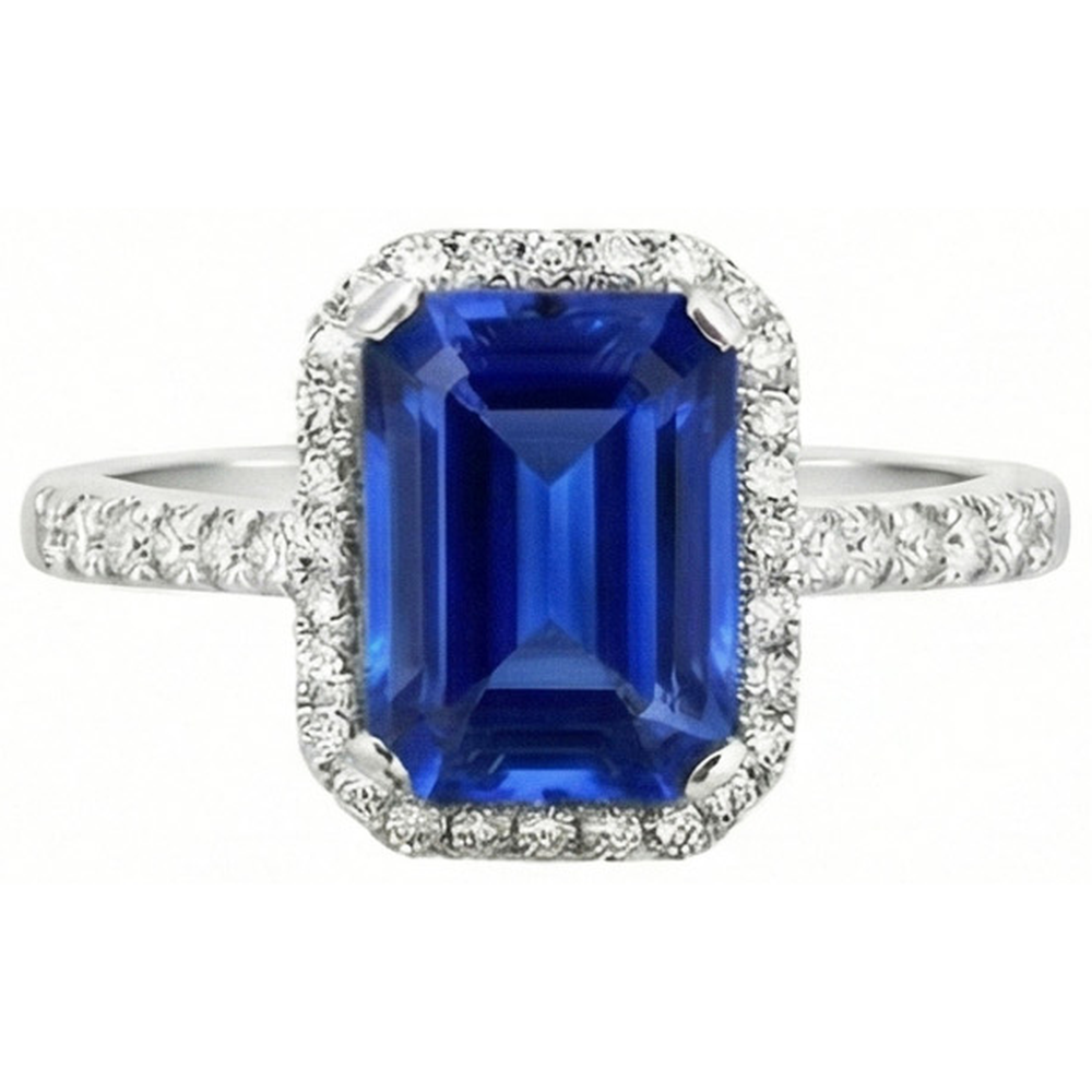 Ceylon Blue Sapphire With Natural Earth Mined Diamonds Ring 3.50 Ct White Gold 14K