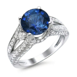 Ceylon Blue Sapphire With Natural Earth Mined Diamonds Ring 4 Ct White Gold 14K