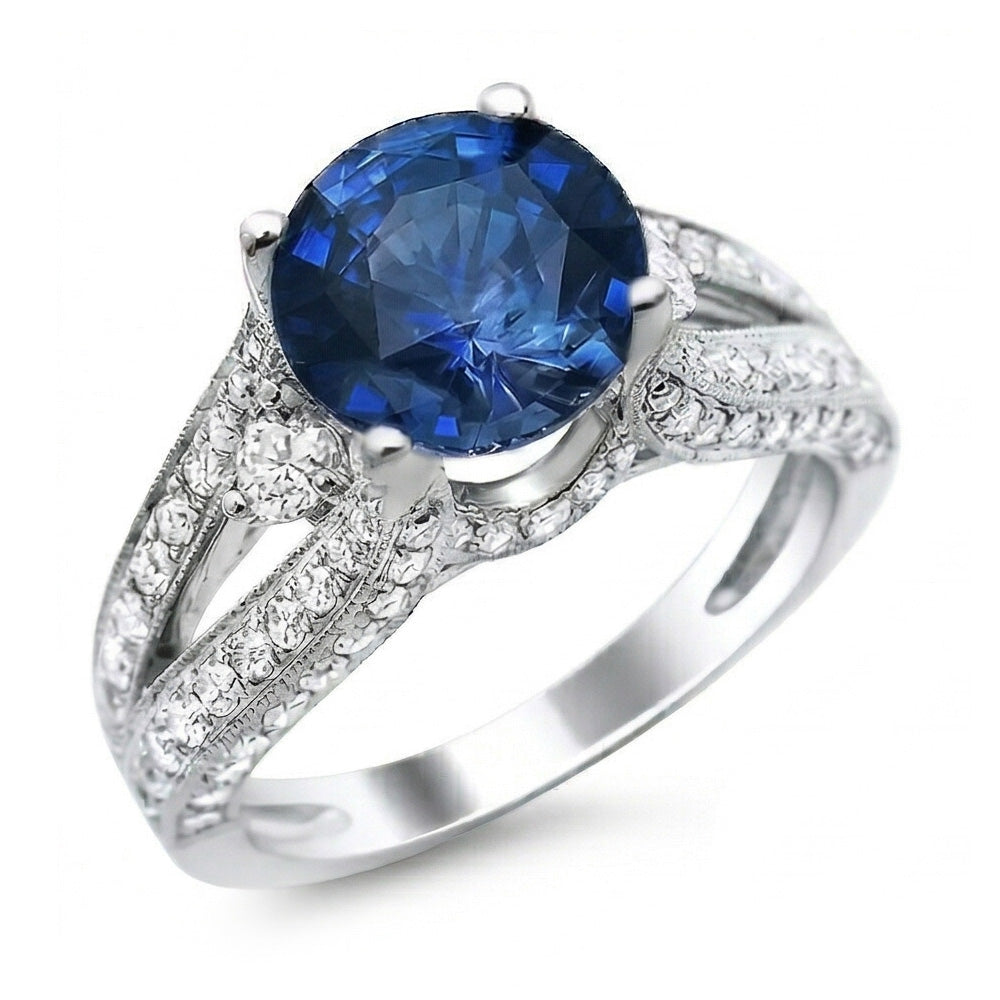Ceylon Blue Sapphire With Natural Earth Mined Diamonds Ring 4 Ct White Gold 14K
