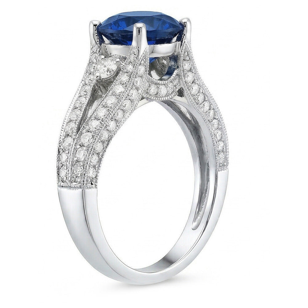 Ceylon Blue Sapphire With Natural Earth Mined Diamonds Ring 4 Ct White Gold 14K