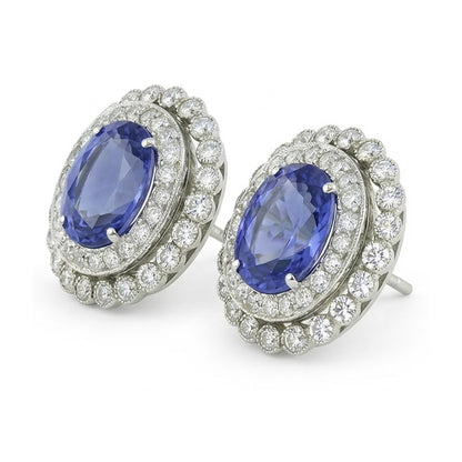 Ceylon Color Sapphire Round Oval IGI CERTIFIED Diamond Halo Stud Earrings 5.50 Ct. WG 14K